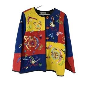 Indigo Moon Colorful Blazer Jacket Embroidered Floral Colorblock Primary Medium